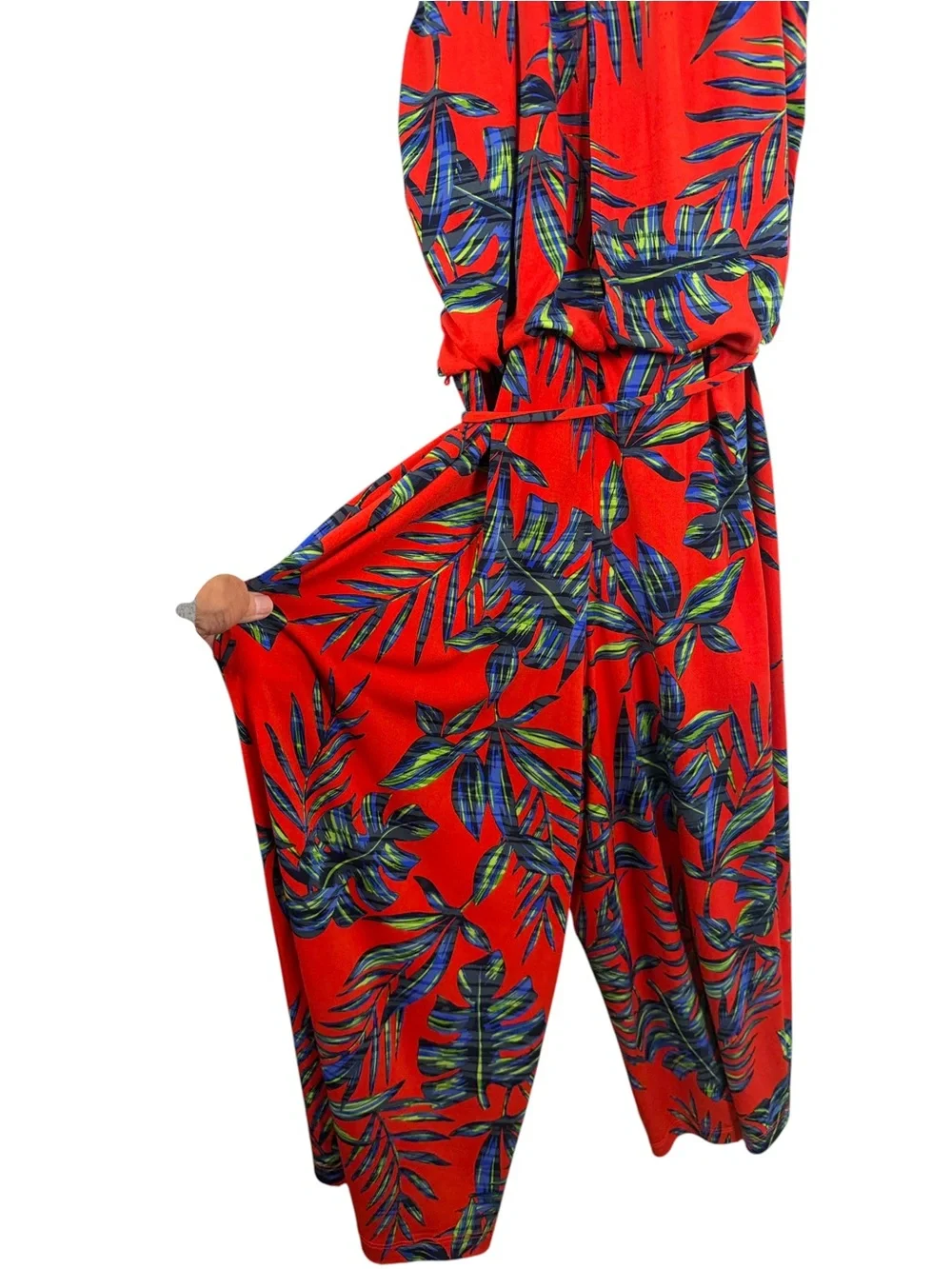London Times Tropical Palm Print Halter Jumpsuit Red Blue Green Size 8